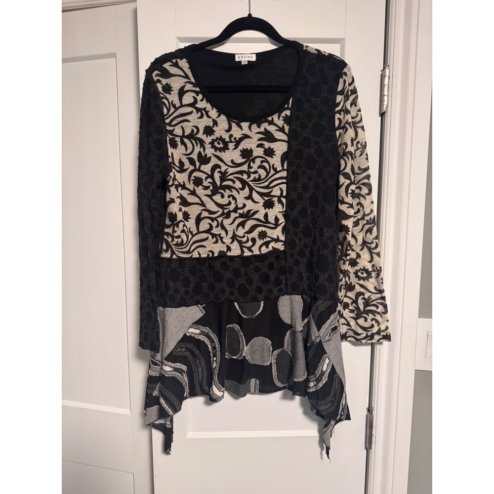 ADORE Womens Black Cream‎ Patchwork Print Long Sleeve Tunic Top L